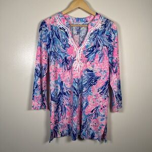 Lilly Pulitzer Kaia Tunic Top Women's Medium In Periwinkle Purple Fan Sea Pants